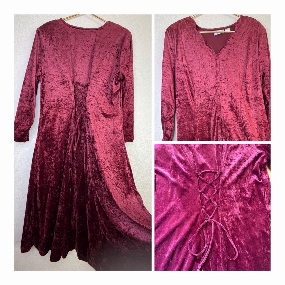 Vintage 90s Ulterior Motives Velvet Lace Up Corset Maxi Dress Shoulder Pads 16